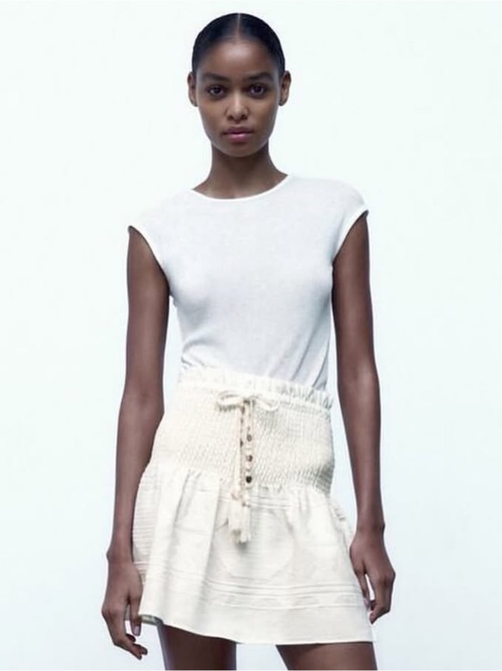 Zara Cream Linen-Blend Smocked Drawstring Beaded Mini Skirt [Size Medium]